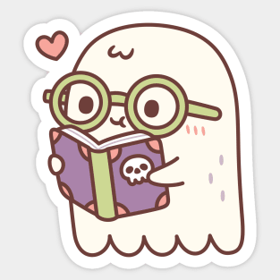 Cute Ghost Reading A Book With A Skull Sticker